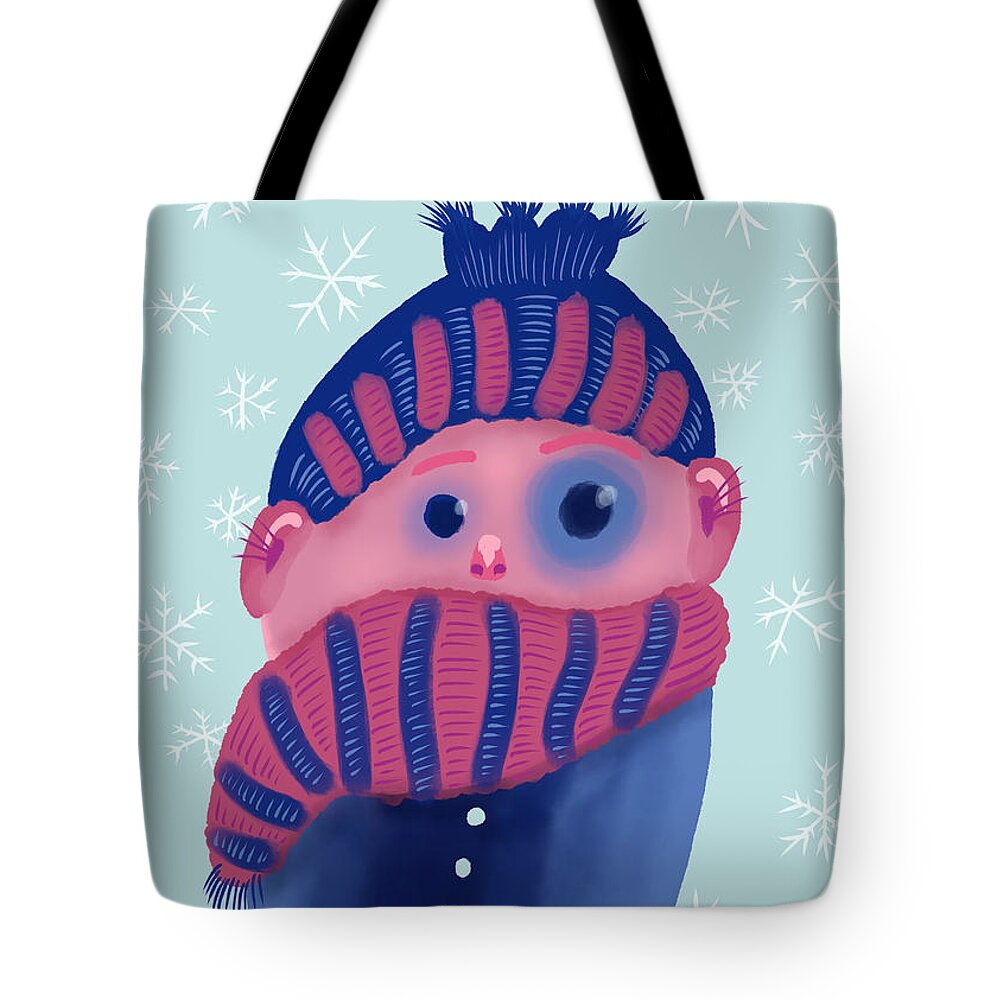 Winter Tote Bag featuring the digital art Freezing Kid In Winter by Boriana Giormova