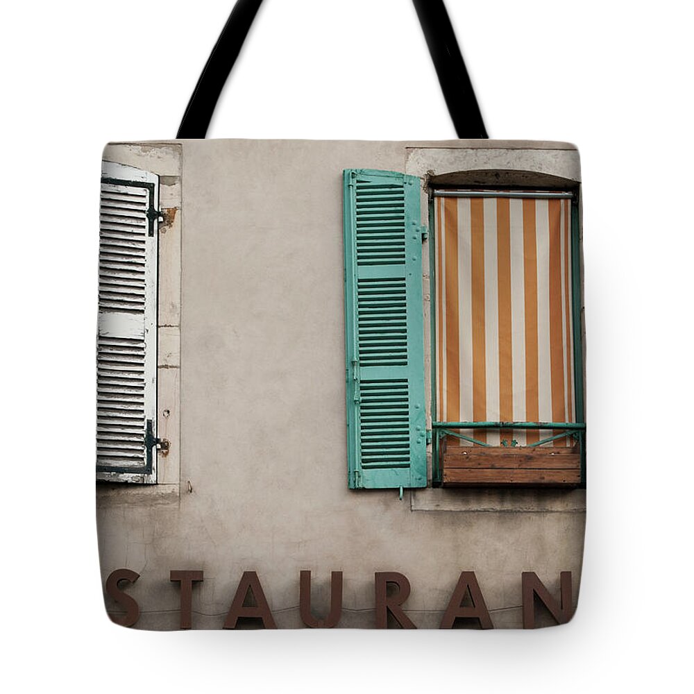 French Windows Tote Bag featuring the photograph French Country Restaurant Windows by Jani Freimann
