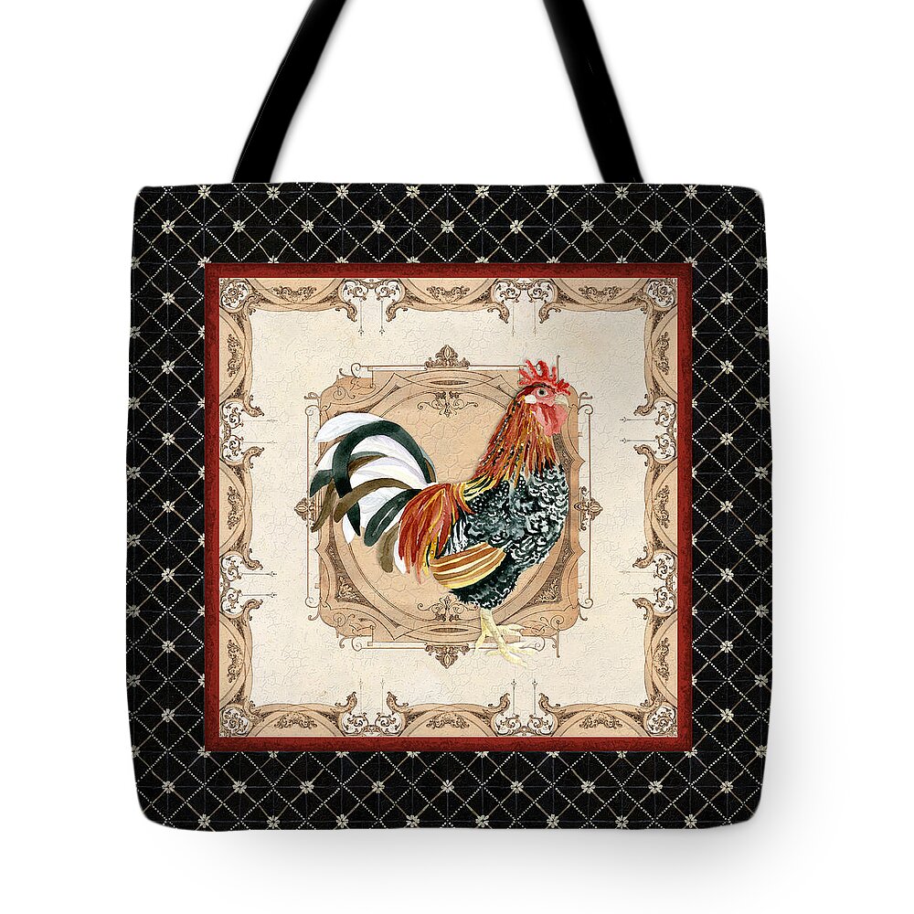 Etched Tote Bag featuring the painting French Country Roosters Quartet Black 1 by Audrey Jeanne Roberts