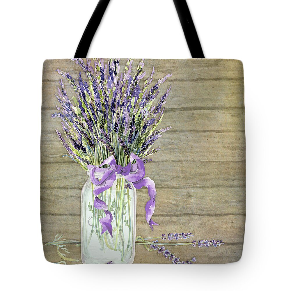 Watercolor Tote Bag featuring the painting French Lavender Rustic Country Mason Jar Bouquet on Wooden Fence by Audrey Jeanne Roberts