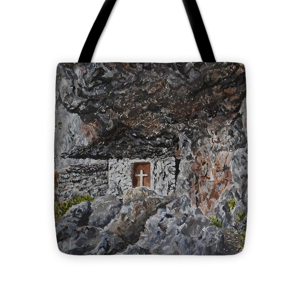 Crete Tote Bag featuring the painting Fres Hidden Church - Crete by David Capon