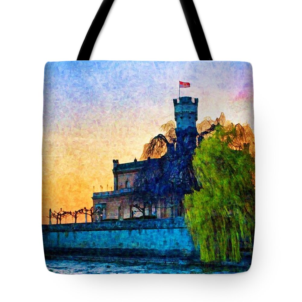 Friedrichshafen Tote Bag featuring the mixed media Friedrichshafen castle at sunset by Tatiana Travelways