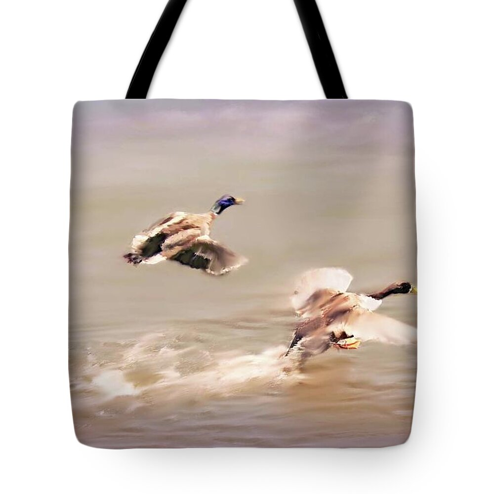 Geese Tote Bag featuring the digital art Friends in Flight by Bonnie Willis