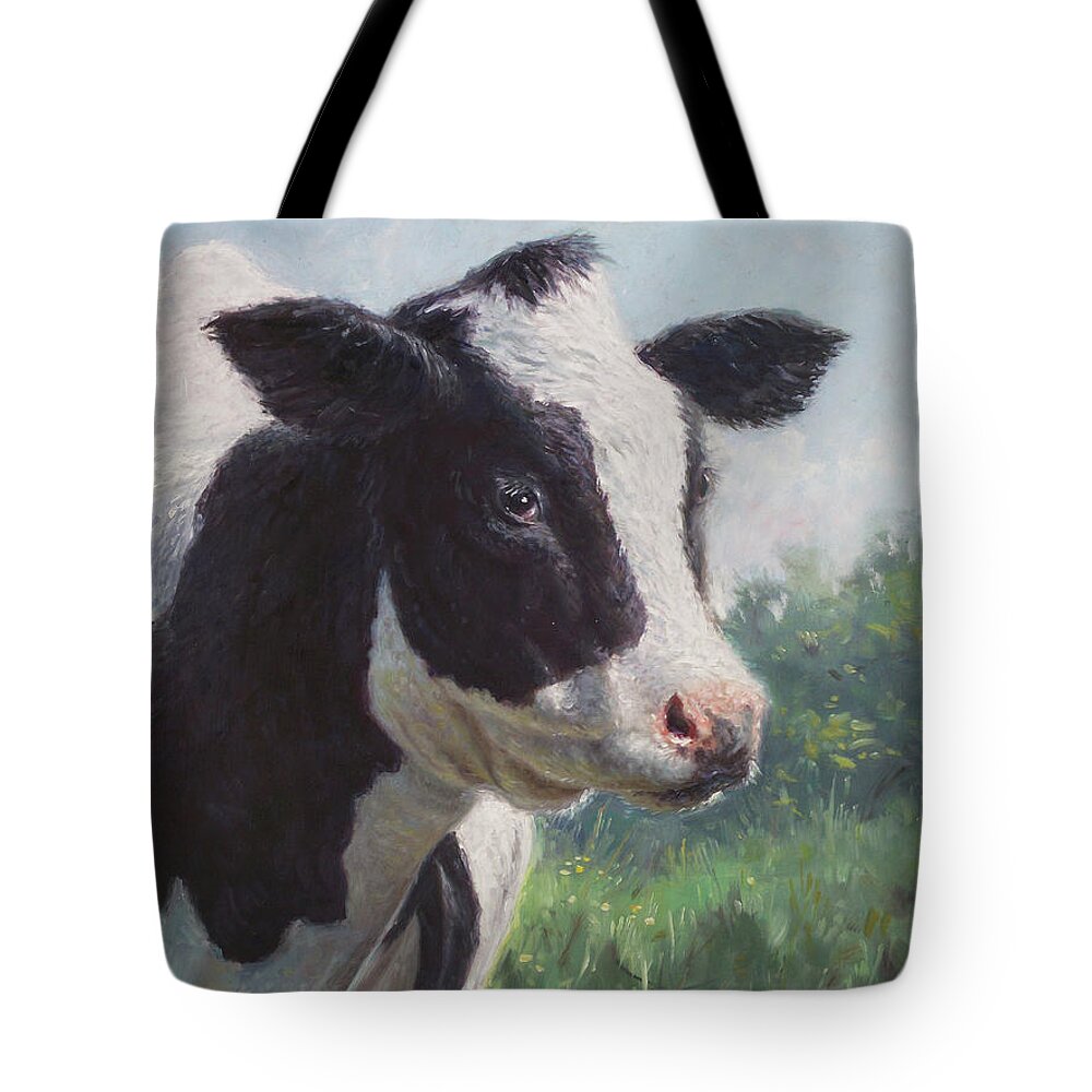 Cow Tote Bag featuring the painting Friesian Cow portrait by Martin Davey