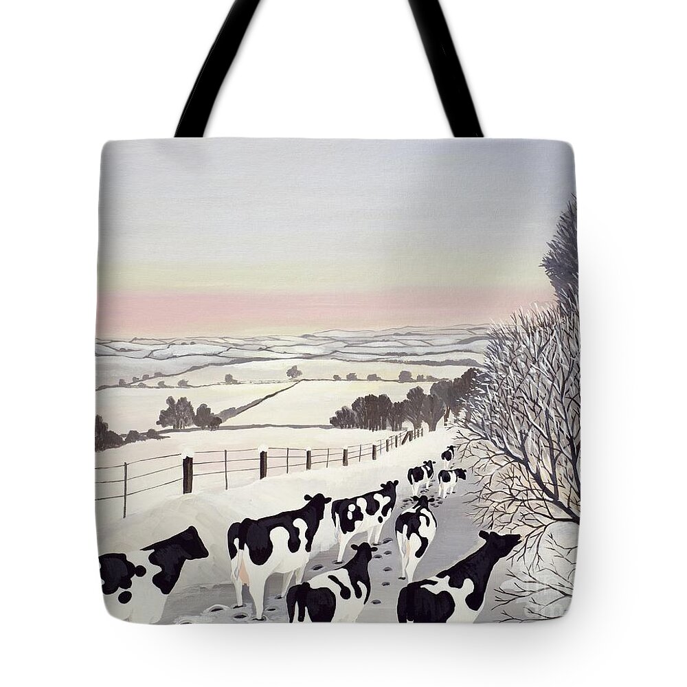 Fence Tote Bag featuring the painting Friesians in Winter by Maggie Rowe