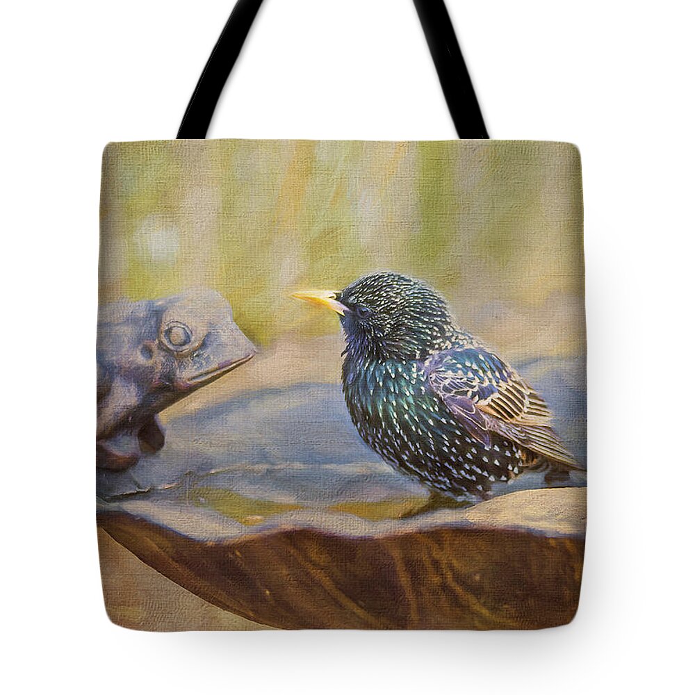 Starling Tote Bag featuring the photograph Frog and Bird by Cathy Kovarik