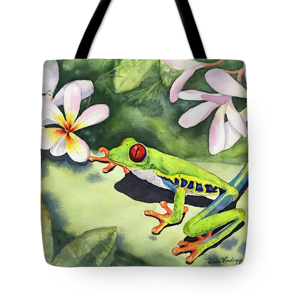 Frog Tote Bag featuring the painting Frog and Plumerias by Hilda Vandergriff