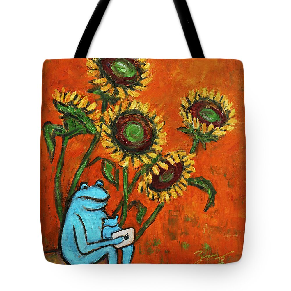 Still Life Tote Bag featuring the painting Frog i Padding amongst Sunflowers by Xueling Zou