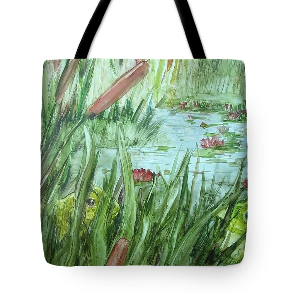 Beauty Is In The Eye Of The Beholder And This Guy Thinks She Is A Doll. Pond Tote Bag featuring the painting Frog went a-courtin by Charme Curtin