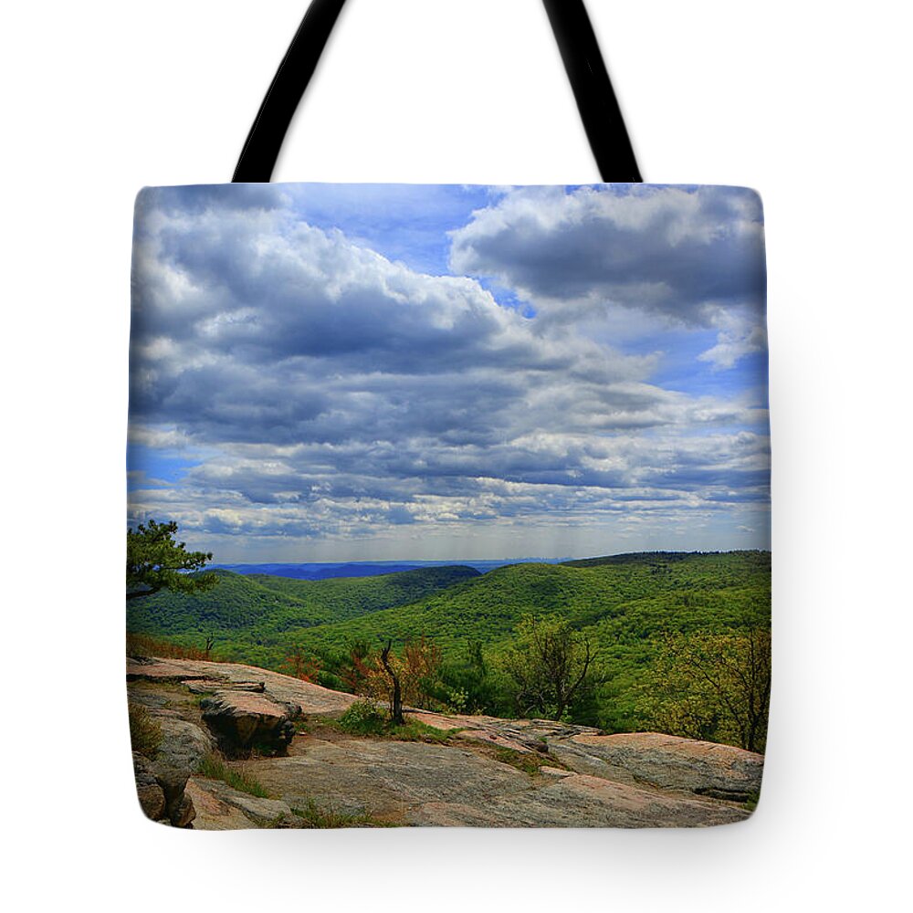 From Bear Mountain Looking At The Nyc Skyline Tote Bag featuring the photograph From Bear Mountain Looking at the NYC Skyline by Raymond Salani III