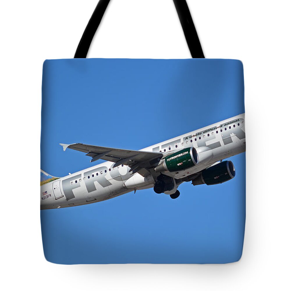 Airplane Tote Bag featuring the photograph Frontier Airbus A320-214 N213FR Montana the Elk Phoenix Sky Harbor January 12 2015 by Brian Lockett