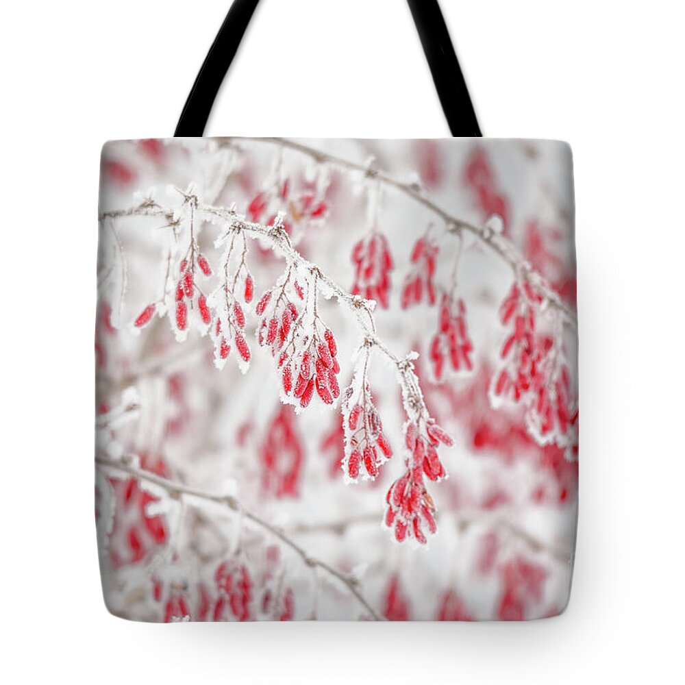 Cheryl Baxter Photography Tote Bag featuring the photograph Red and White Frozen Beauty by Cheryl Baxter