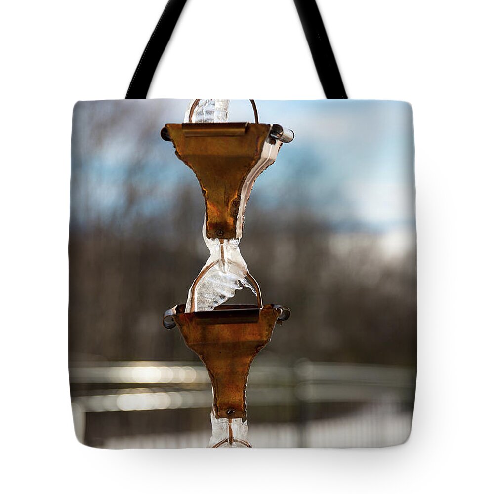 Rain Chains Tote Bag featuring the photograph Frozen Rain Chains by D K Wall