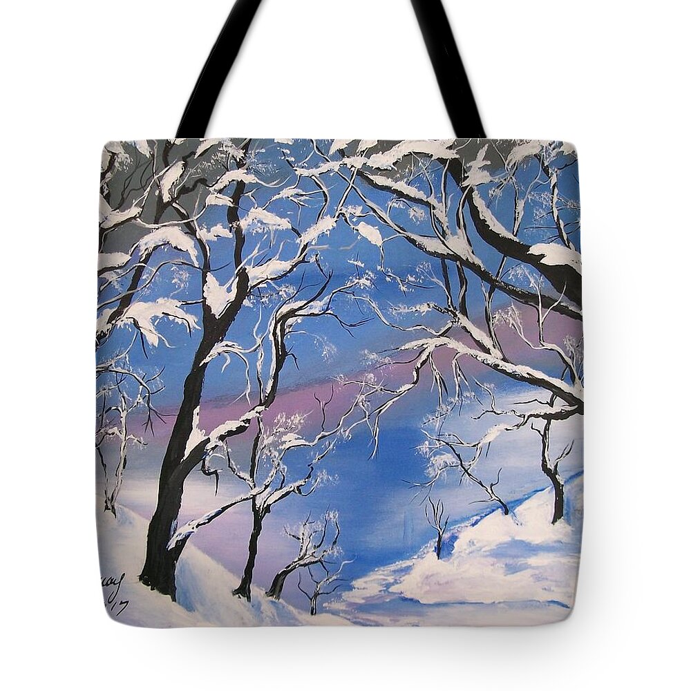Snow Tote Bag featuring the painting Frozen Tranquility by Sharon Duguay