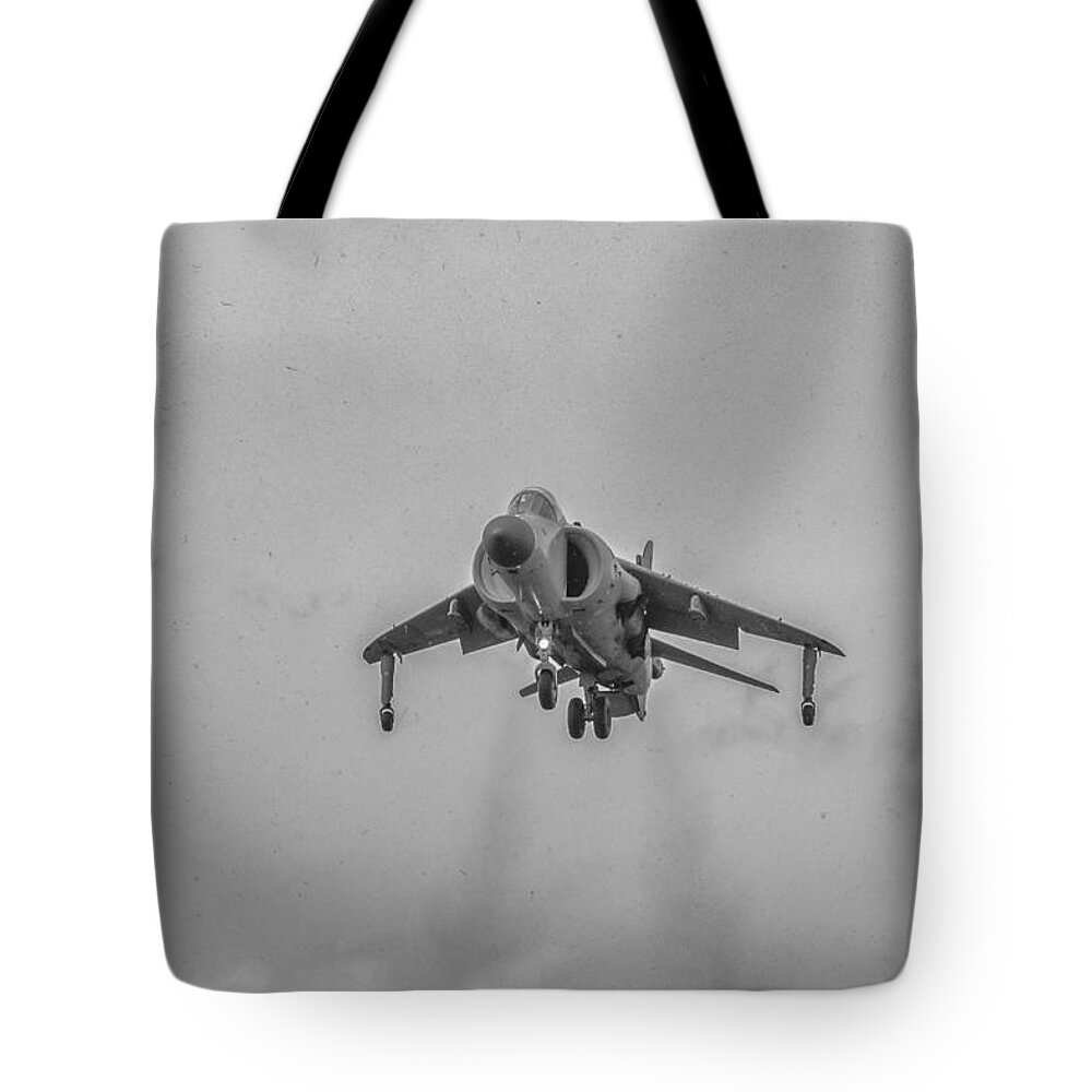 Aviation Tote Bag featuring the photograph FRS1 Sea Harrier Landing by Guy Whiteley