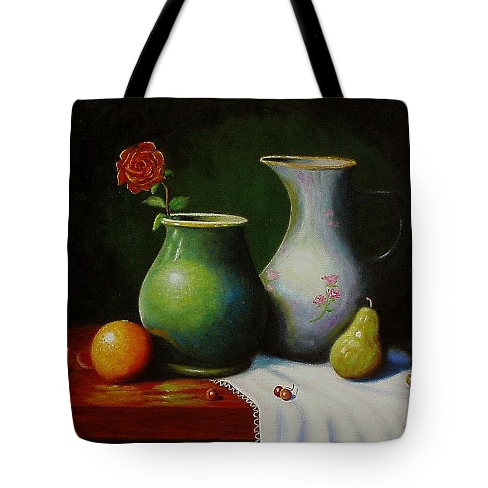 Still Life Tote Bag featuring the painting Fruit and pots. by Gene Gregory