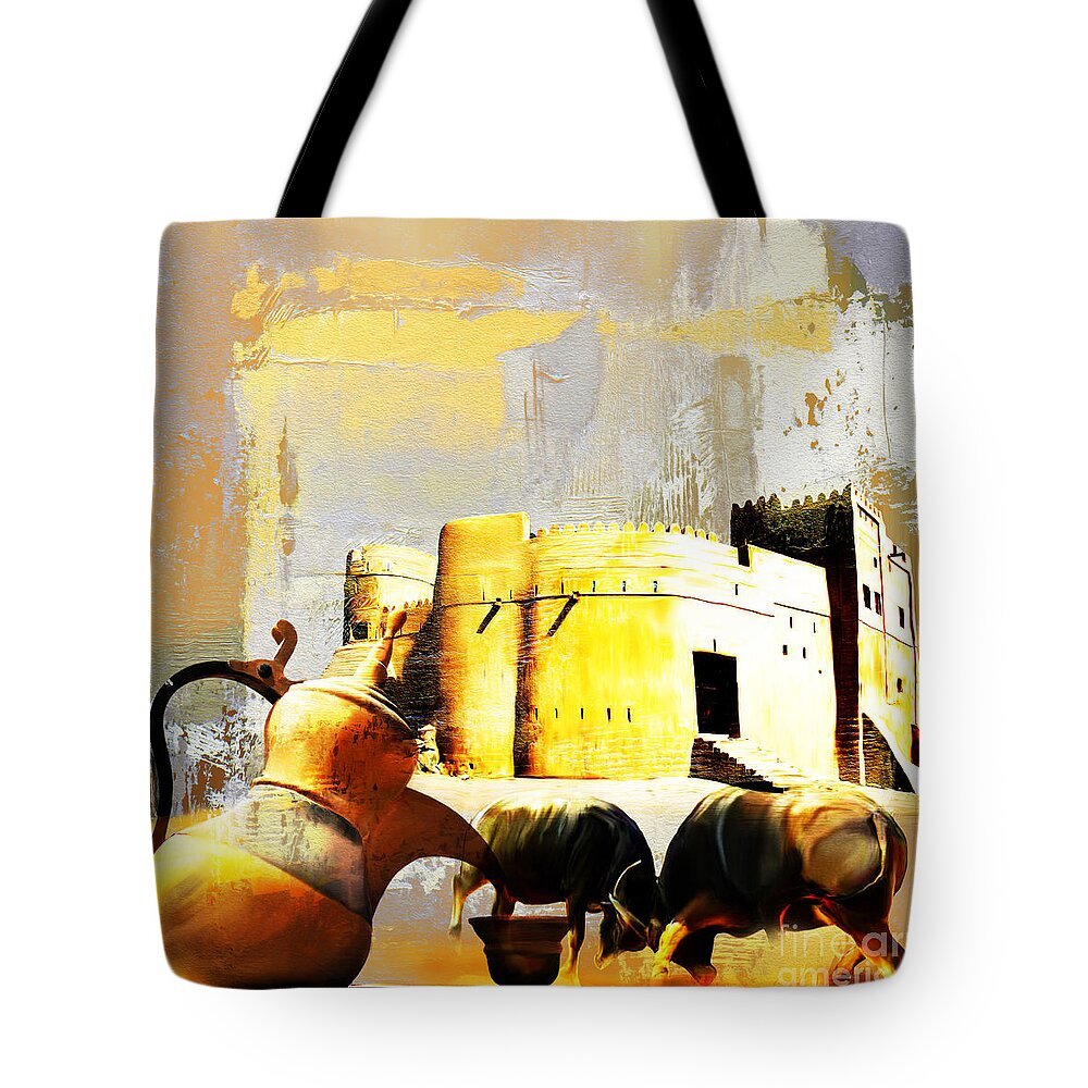 Fujairah Historic Fort Tote Bag featuring the painting Fujairah Historic Fort by Gull G