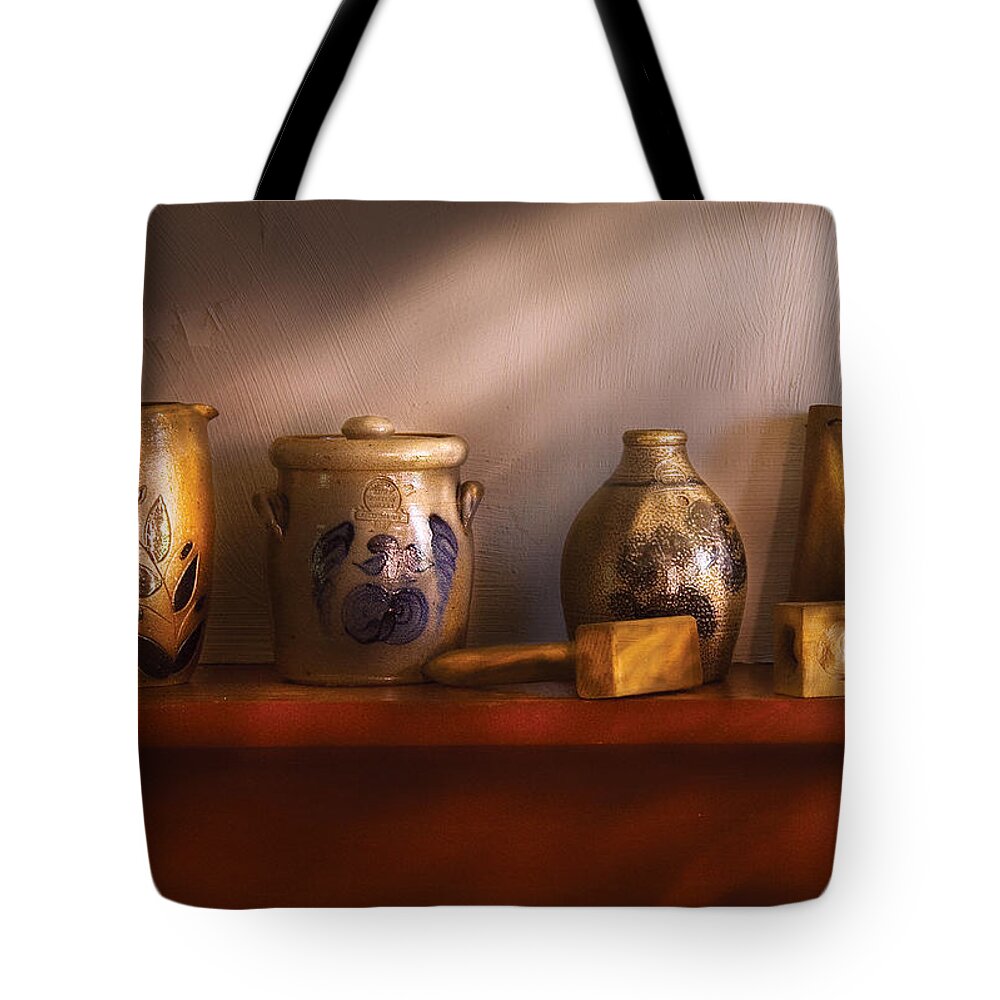 Savad Tote Bag featuring the photograph Furniture - Shelf - Family Heirlooms by Mike Savad