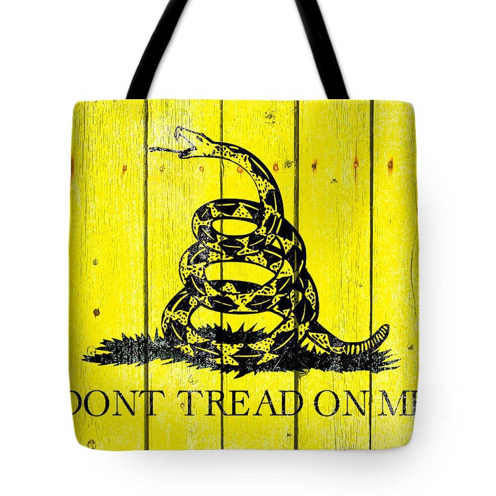 Snake Tote Bag featuring the digital art Gadsden Flag on Old Wood Planks by M L C