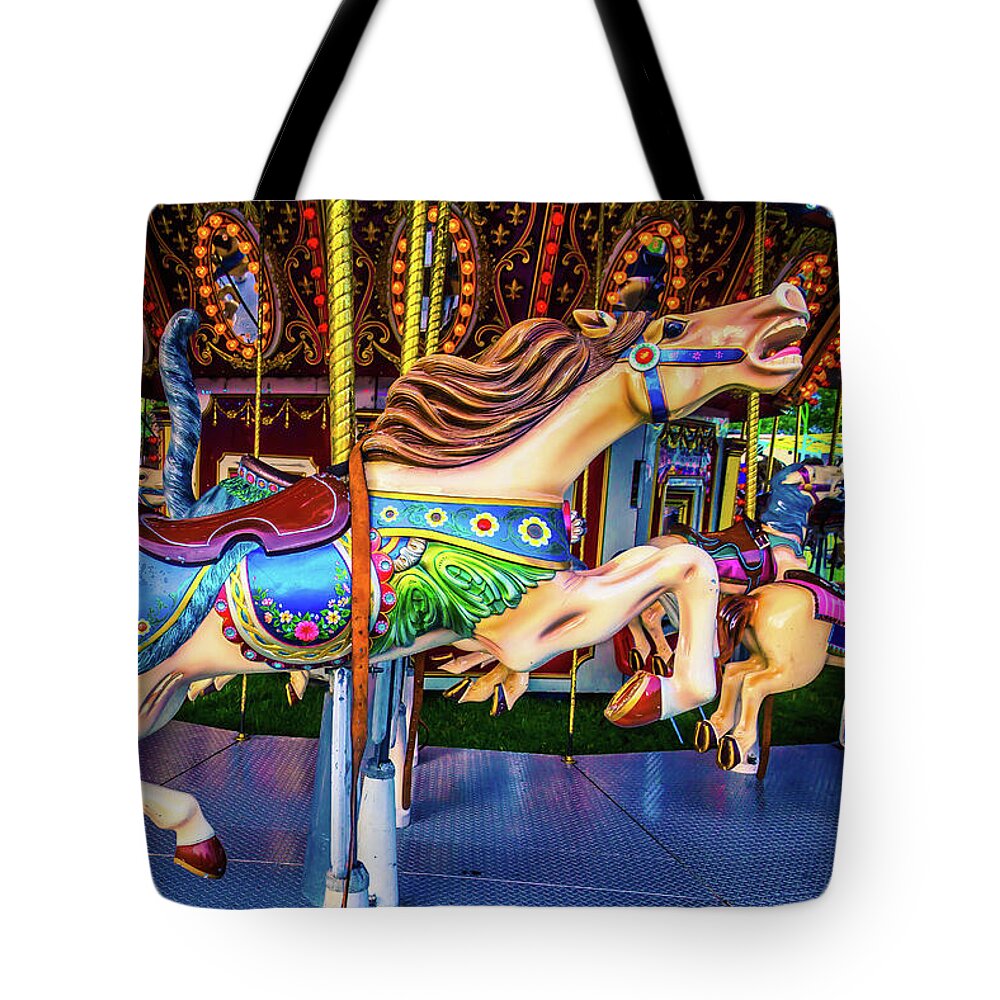 Magical Carousels Tote Bag featuring the photograph Galloping Carrousel Horse by Garry Gay