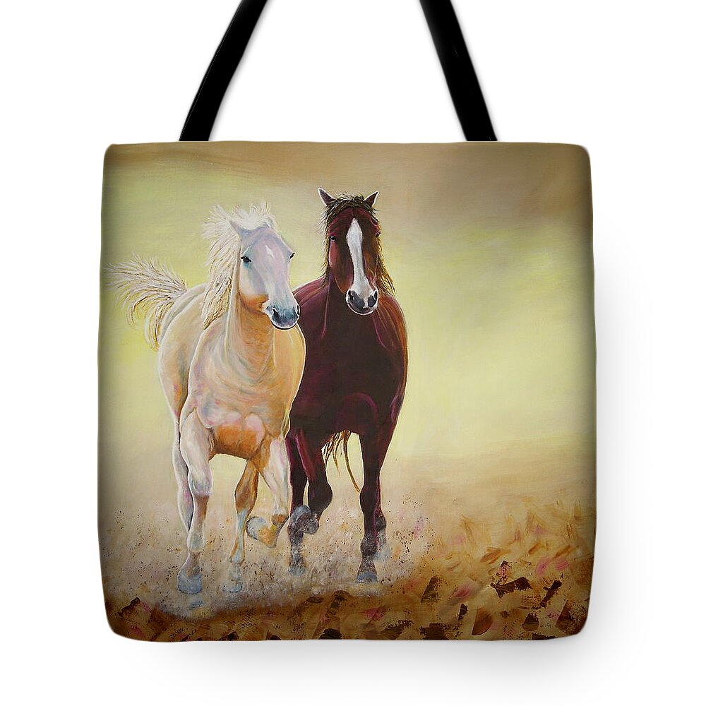 Art Tote Bag featuring the painting Galloping Horses by Shirley Wellstead