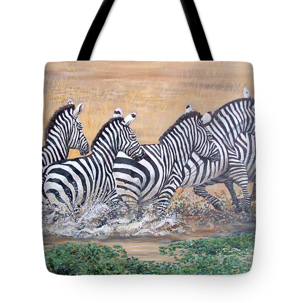 Zebra Tote Bag featuring the painting Galloping Zebras by Mackenzie Moulton