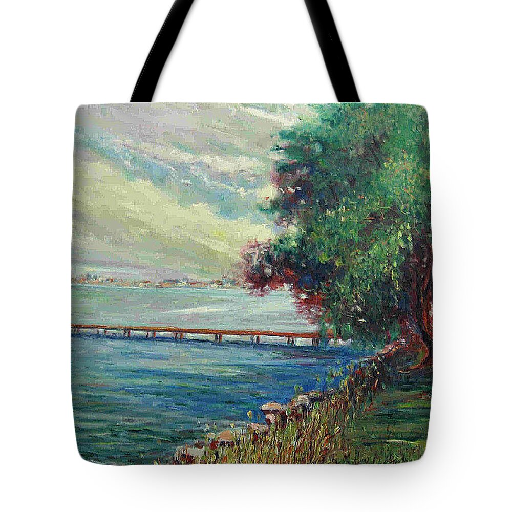 Landscape Tote Bag featuring the painting Garda Lake -Lago Garda by Walter Casaravilla