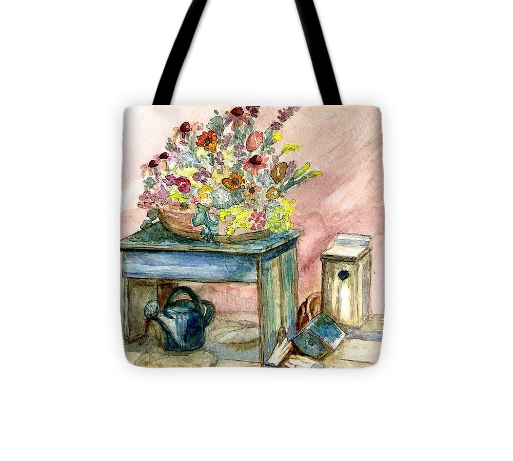 Gardening Tote Bag featuring the painting Garden Bench by Deb Stroh-Larson