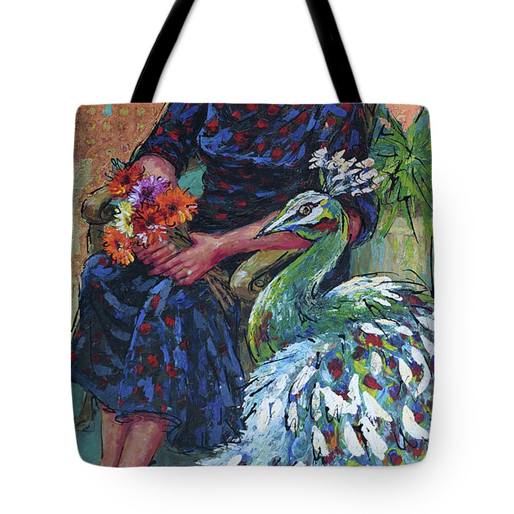 Woman Sitting In Garden Tote Bag featuring the painting Garden Bliss by Jyotika Shroff