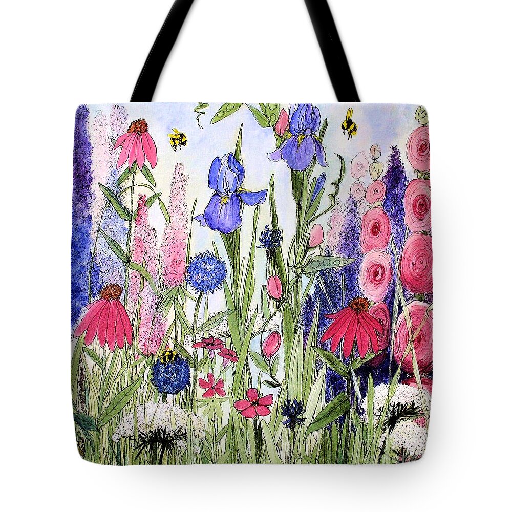 Garden Tote Bag featuring the painting Garden Cottage Iris and Hollyhock by Laurie Rohner