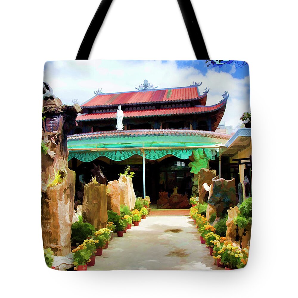  Glass Mosaic Tote Bag featuring the photograph Garden Entrance Pagoda Vietnam by Chuck Kuhn