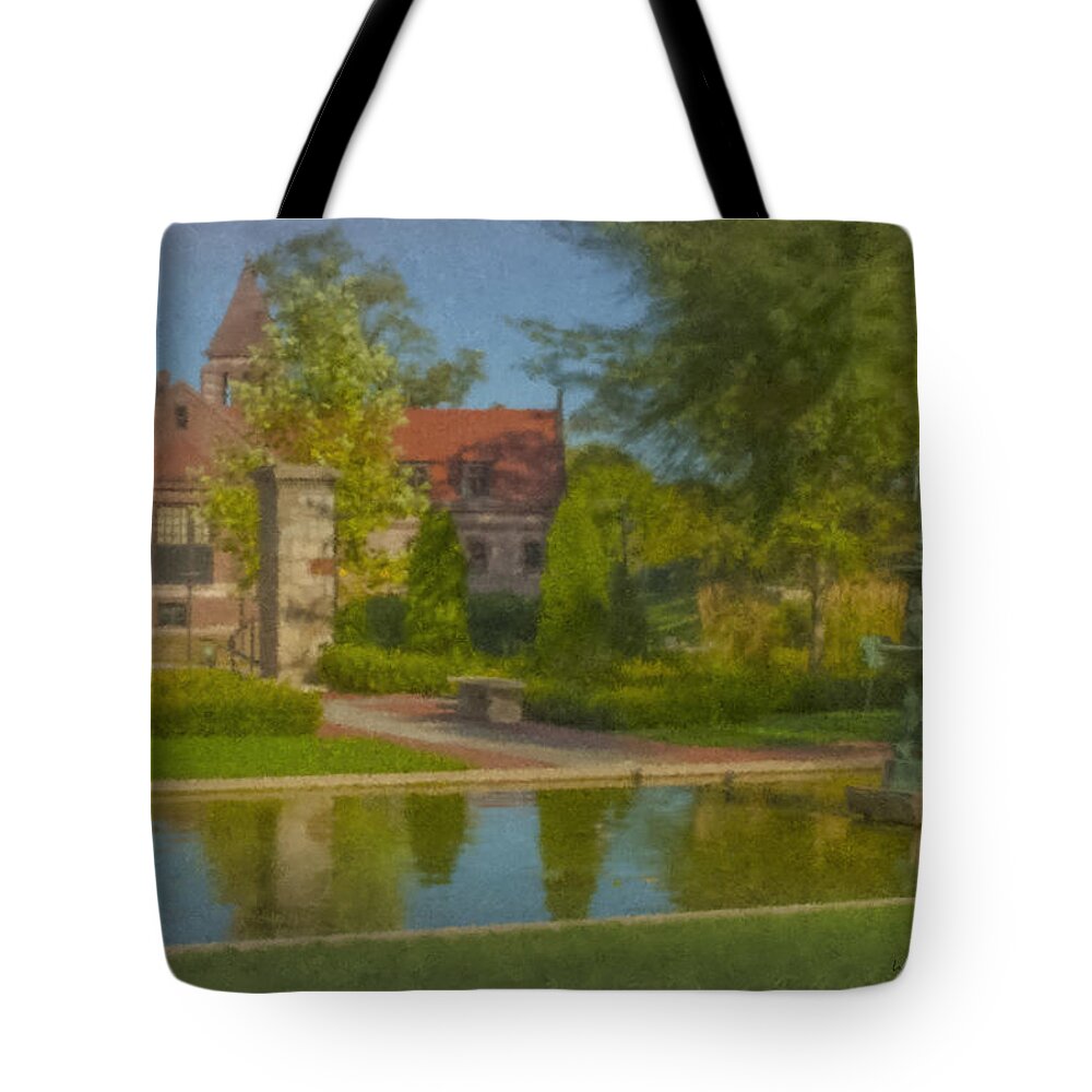 Garden Tote Bag featuring the painting Garden Fountain at Ames Free Library by Bill McEntee
