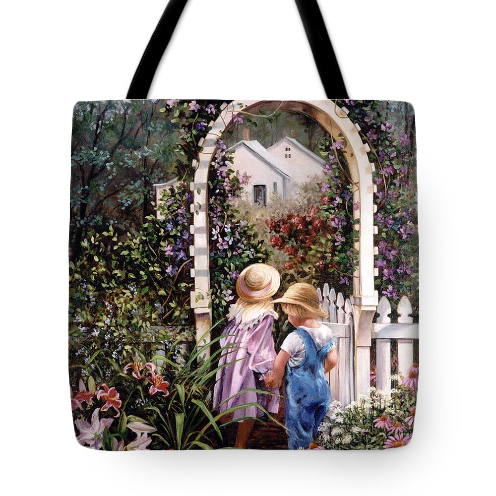 In The Garden Tote Bag featuring the painting Garden Gate by Marie Witte