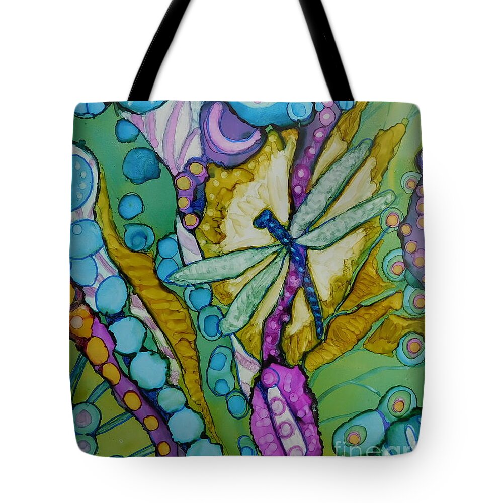 A Lone Dragon Fly Is The Star In This Fanciful Magical Garden I Painted With Vibrant Alcohol Ink Using All The Colors In The Rainbow. (comes Matted And Framed In 8 X 10 Frame.) Tote Bag featuring the painting Garden Jewel by Joan Clear