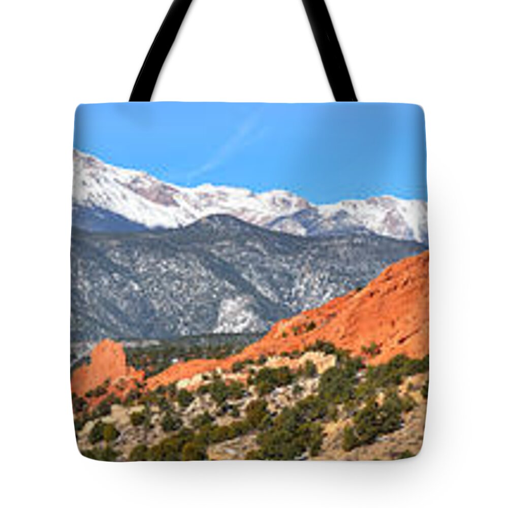 Garden Of The Gods Tote Bag featuring the photograph Garden Of The Gods Red Rock Panorama by Adam Jewell