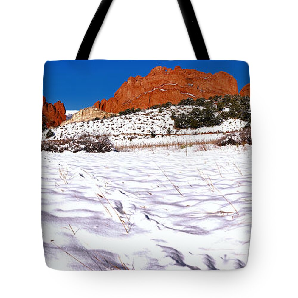 Garden Of The Cogs Tote Bag featuring the photograph Garden Of The Gods Snowy Morning Panorama Crop by Adam Jewell