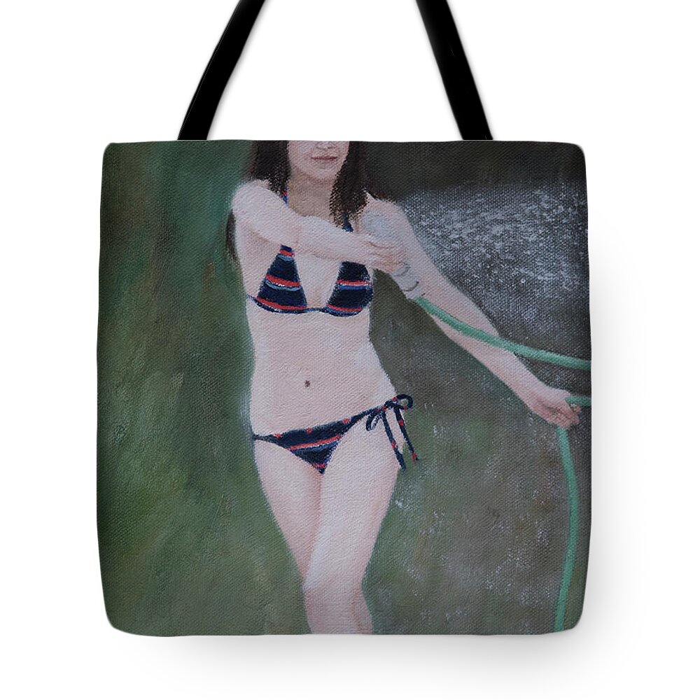 Portrait Tote Bag featuring the painting Garden Watering by Masami Iida