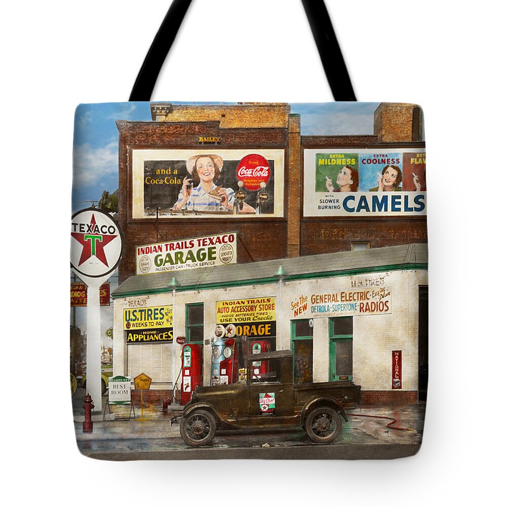 Signs Tote Bag featuring the photograph Gas Station - Benton Harbor MI - Indian Trails gas station 1940 by Mike Savad