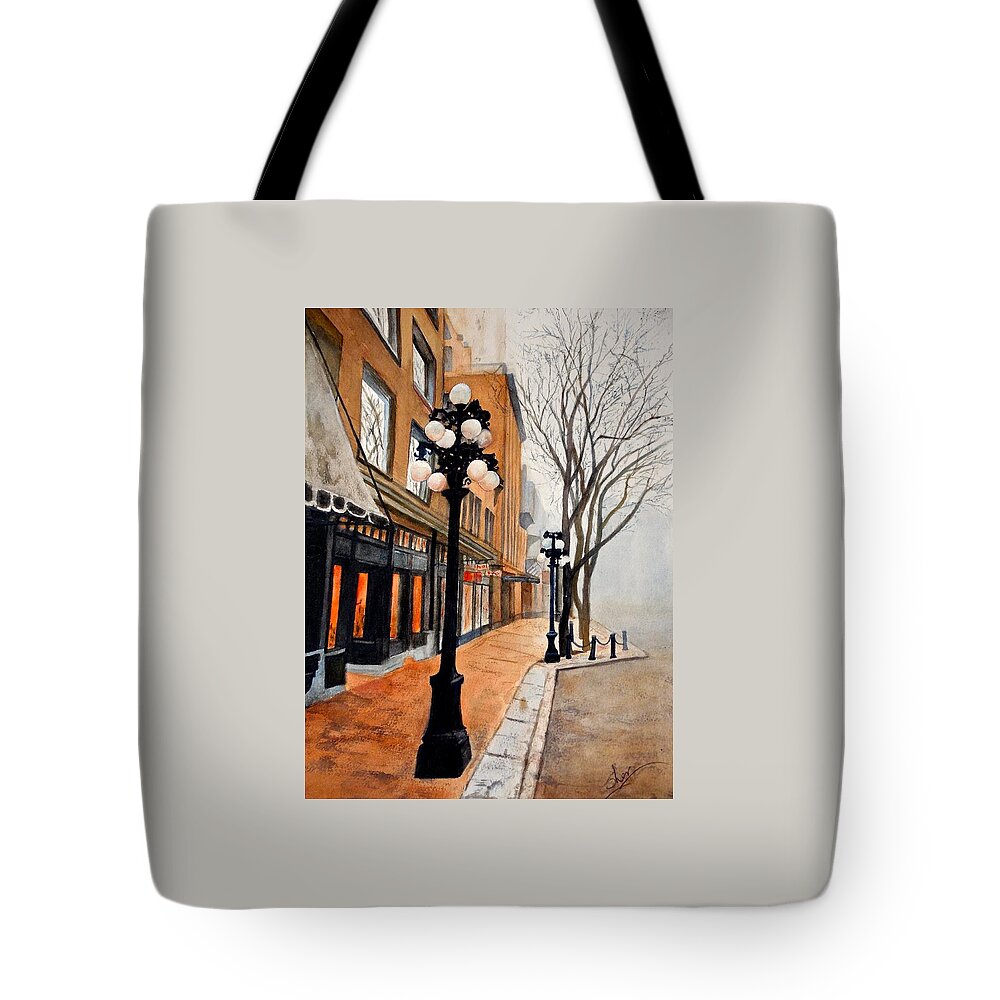 Street Scene Tote Bag featuring the painting Gastown, Vancouver by Sher Nasser