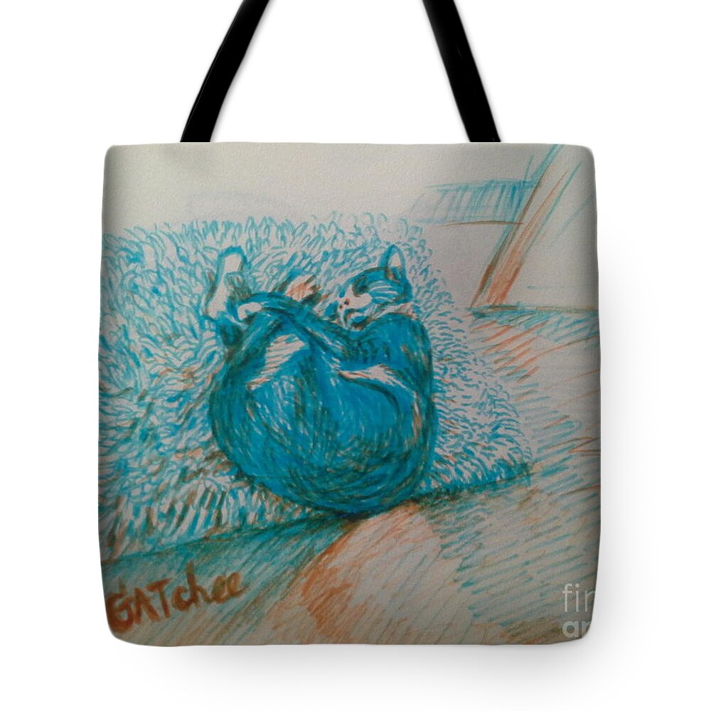 Cat Tote Bag featuring the drawing Gatchee has her own dream by Sukalya Chearanantana