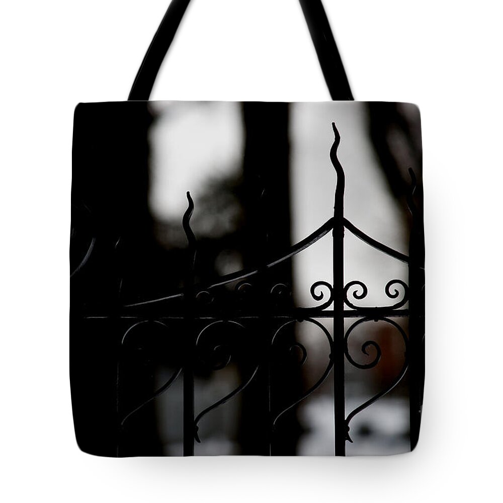 Wrought Iron Tote Bag featuring the photograph Gated Woods by Linda Shafer