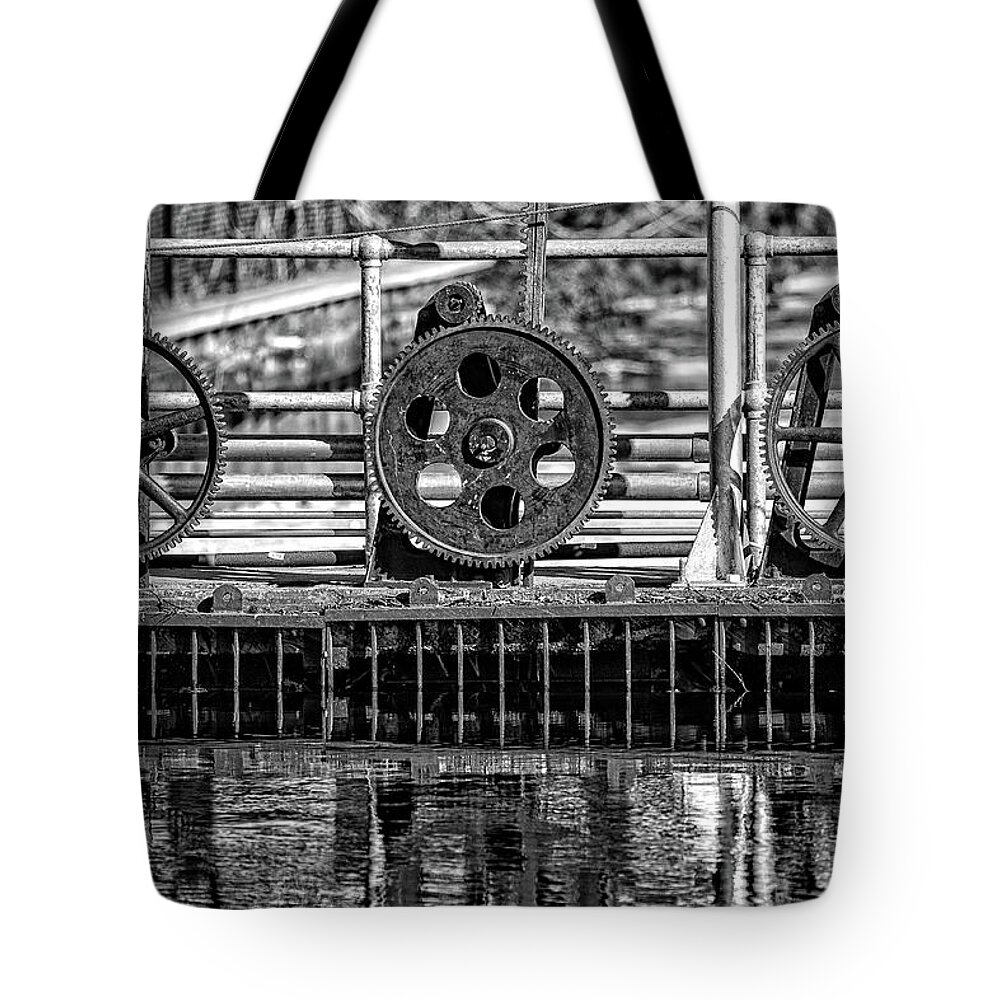 Gate Tote Bag featuring the photograph Gears by Alan Raasch