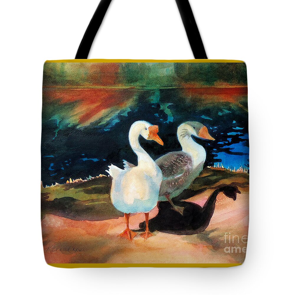 Geese At Riverside Tote Bag featuring the painting Geese at Riverside by Kathy Braud