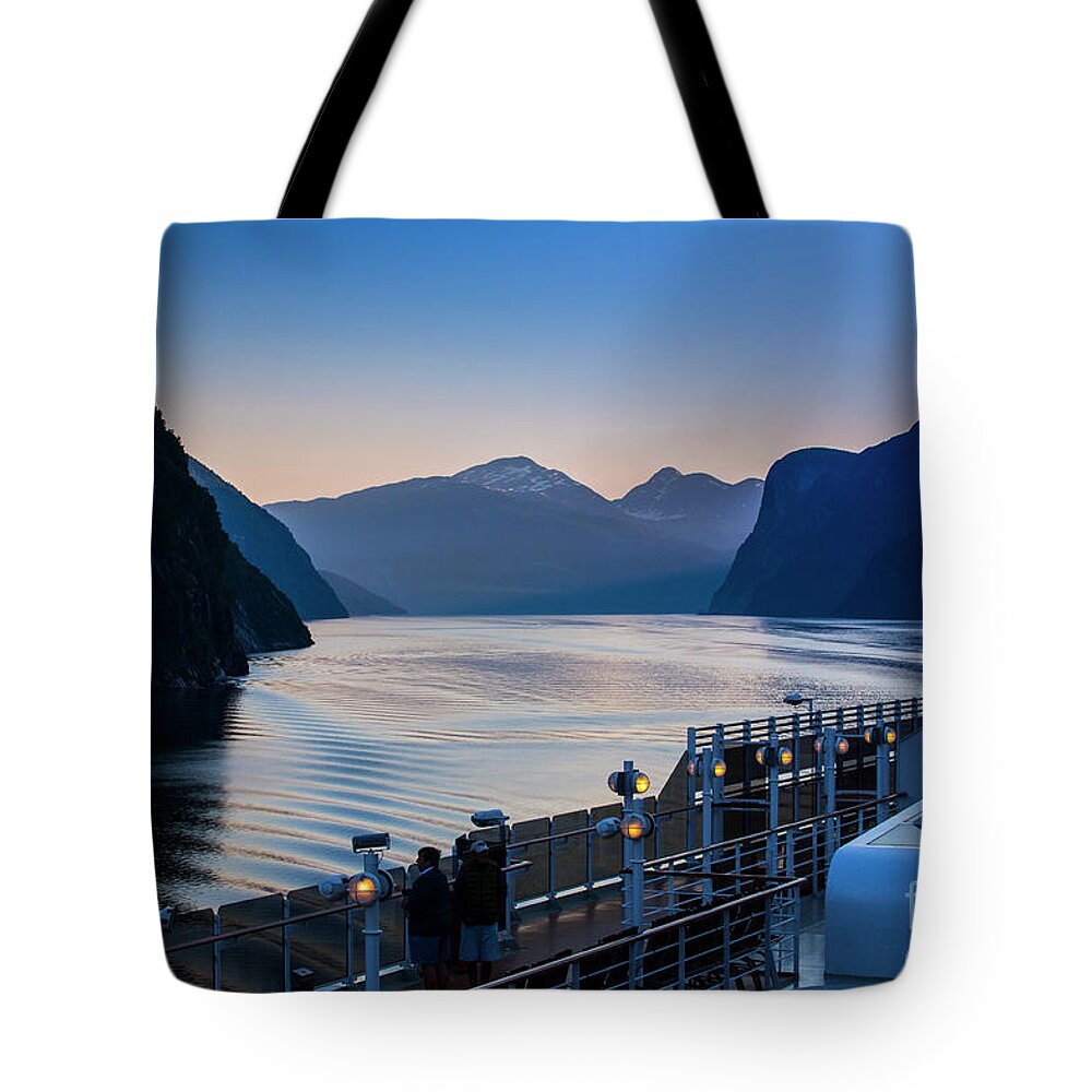 Fjord Tote Bag featuring the photograph Geiranger Fjord with Queen Victoria in foreground by Sheila Smart Fine Art Photography