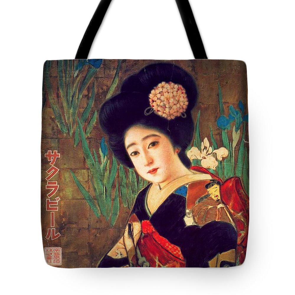 Geisha Girl Tote Bag featuring the painting Geisha Portrait - 1912 Japanese Beer Promotion Painting by Ian Gledhill