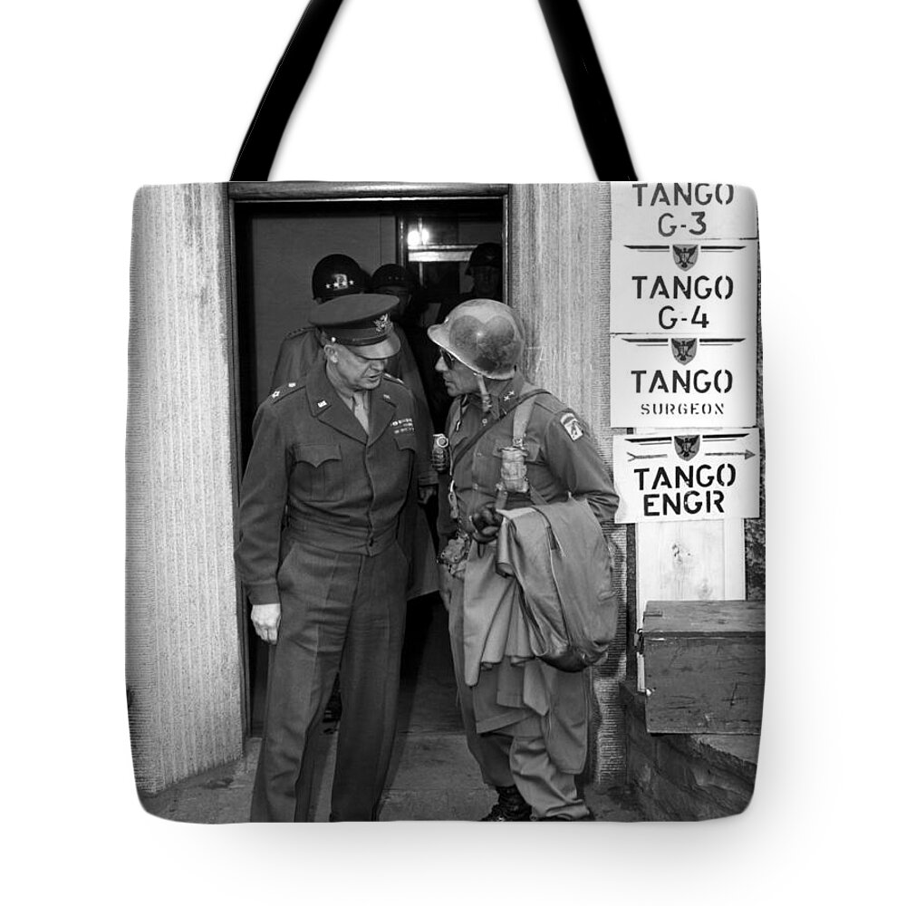 Matthew Ridgway Tote Bag featuring the photograph General Eisenhower and General Ridgway by War Is Hell Store