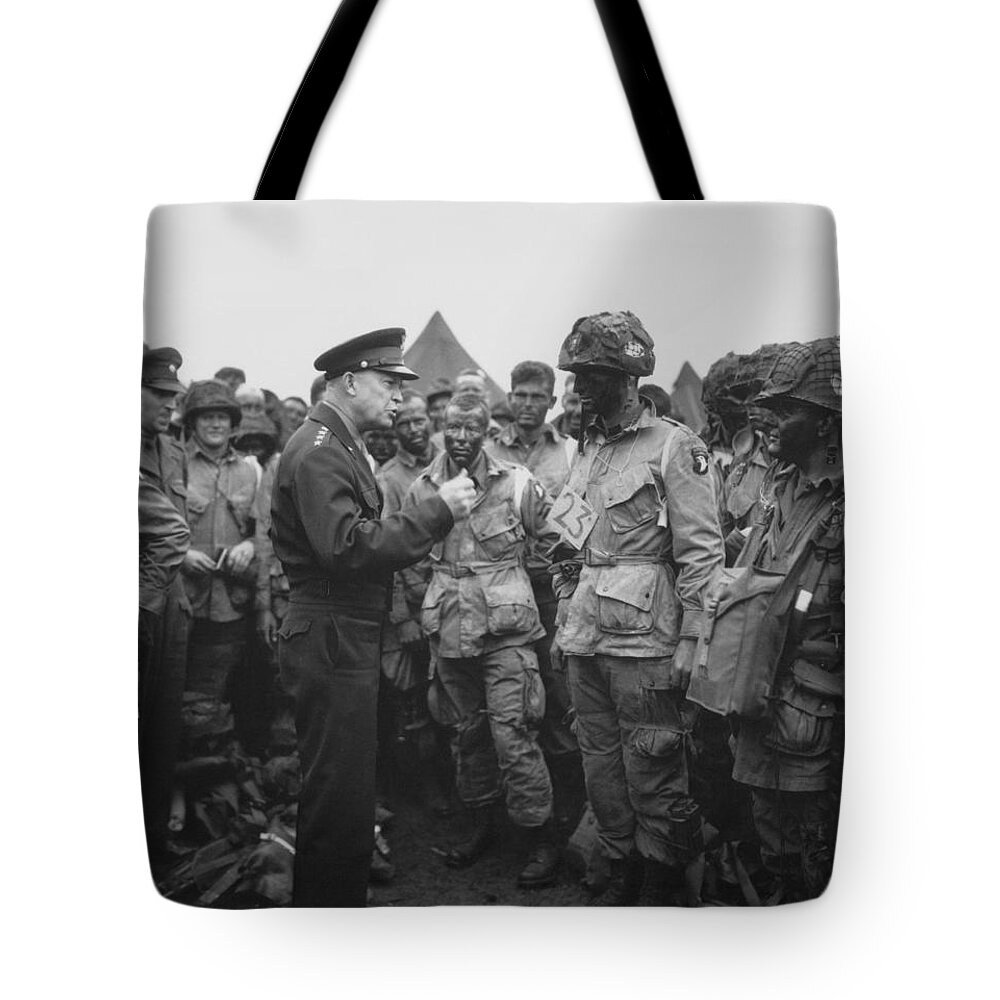 101st Airborne Division Tote Bag featuring the photograph General Eisenhower on D-Day by War Is Hell Store