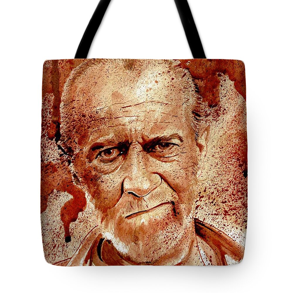 Ryan Almighty Tote Bag featuring the painting GEORGE CARLIN dry blood by Ryan Almighty