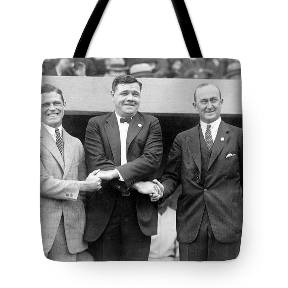 ty Cobb Tote Bag featuring the photograph George Sisler - Babe Ruth and Ty Cobb - Baseball Legends by International Images