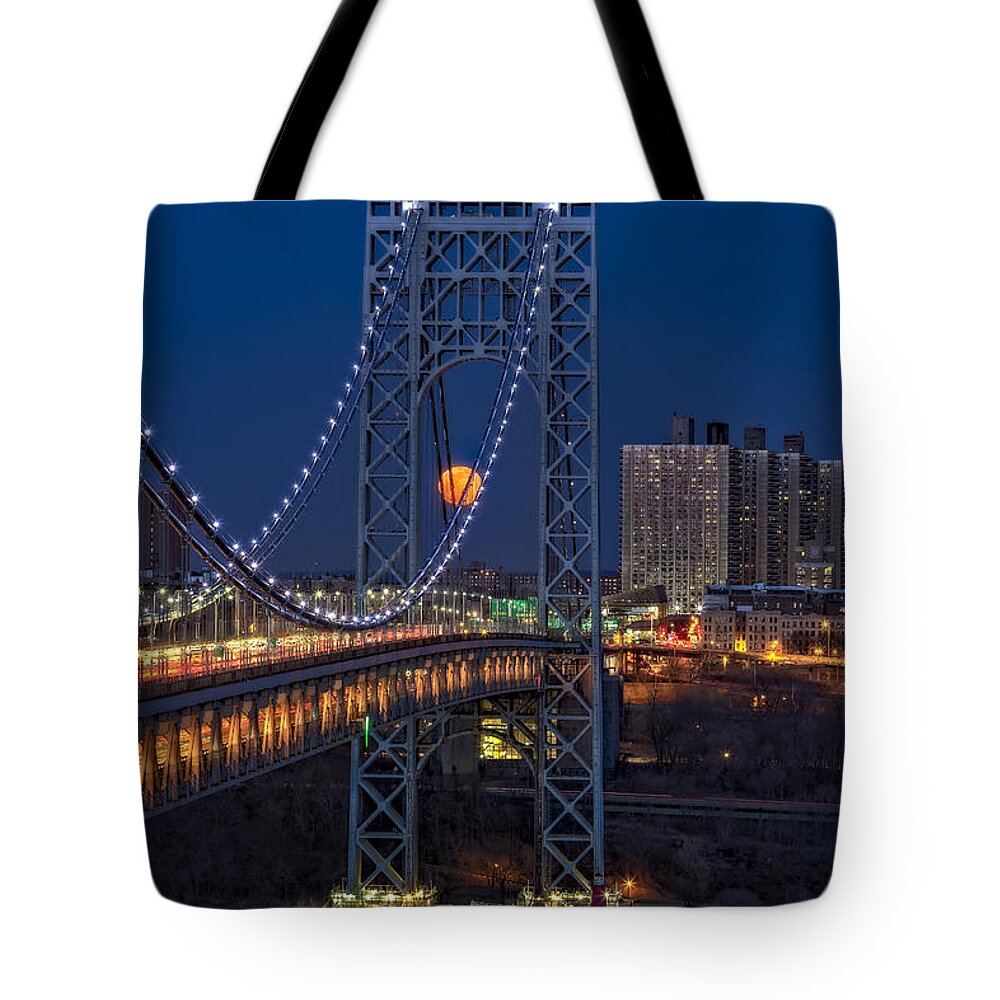 George Washington Bridge Tote Bag featuring the photograph George Washington Bridge Full Moonrise by Susan Candelario